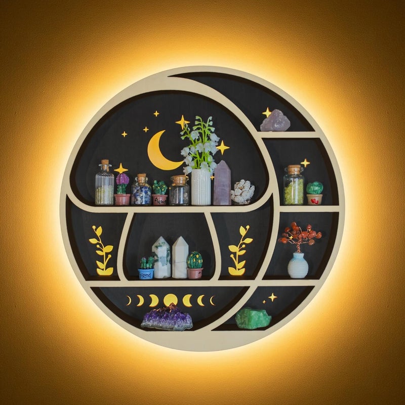 FNYDOX Circle Mushroom on The Moon Wall Shelf with LED Light, Wooden Trinket Knick Knack Shelf, Mushroom & Moon Decor Crystal Display Shelf for Rocks Gems Healing Stones, Cute Crystal Holder Organizer - Image 1